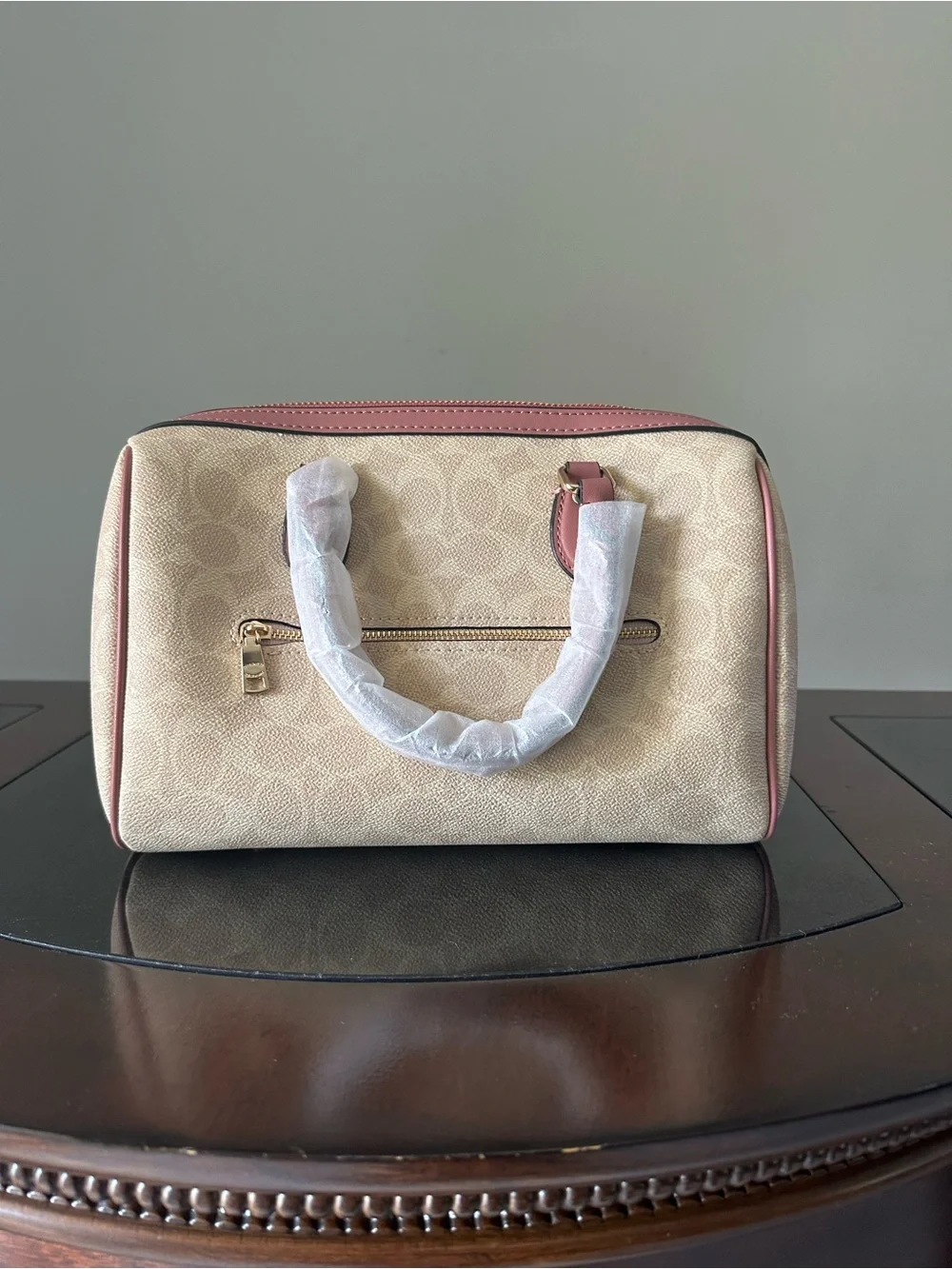 Coach Beige Canvas Satchel with Pink Trim and Heart Charm